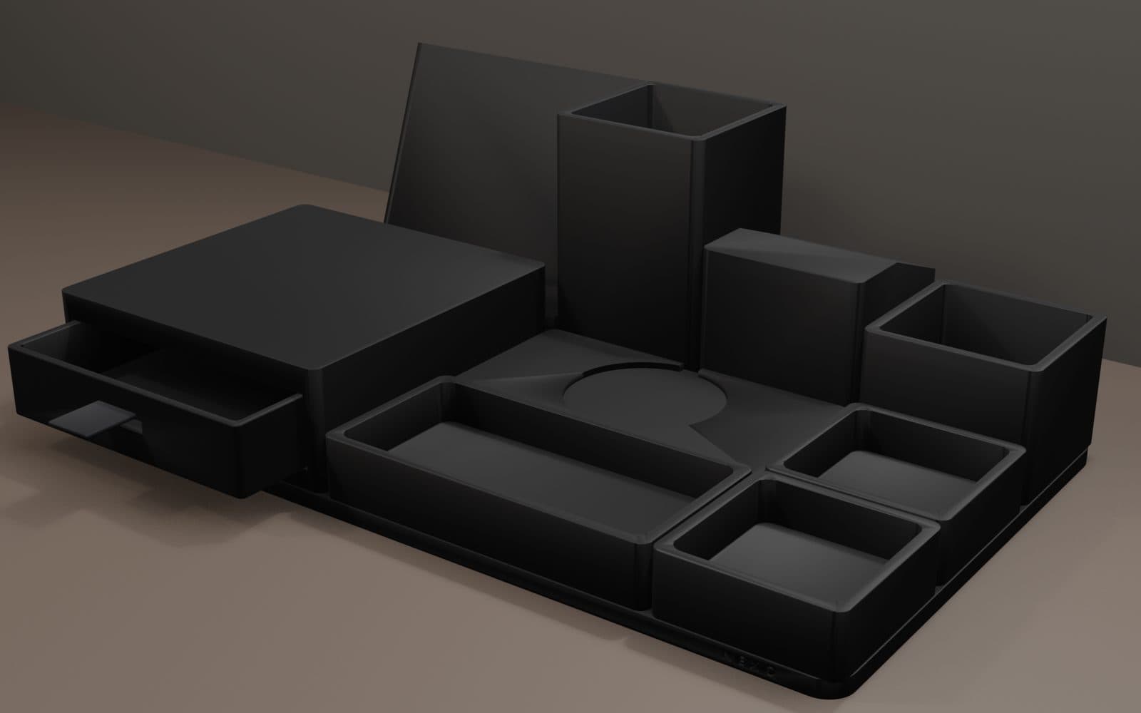 The NEXO desk system, fully assembled on its base plate